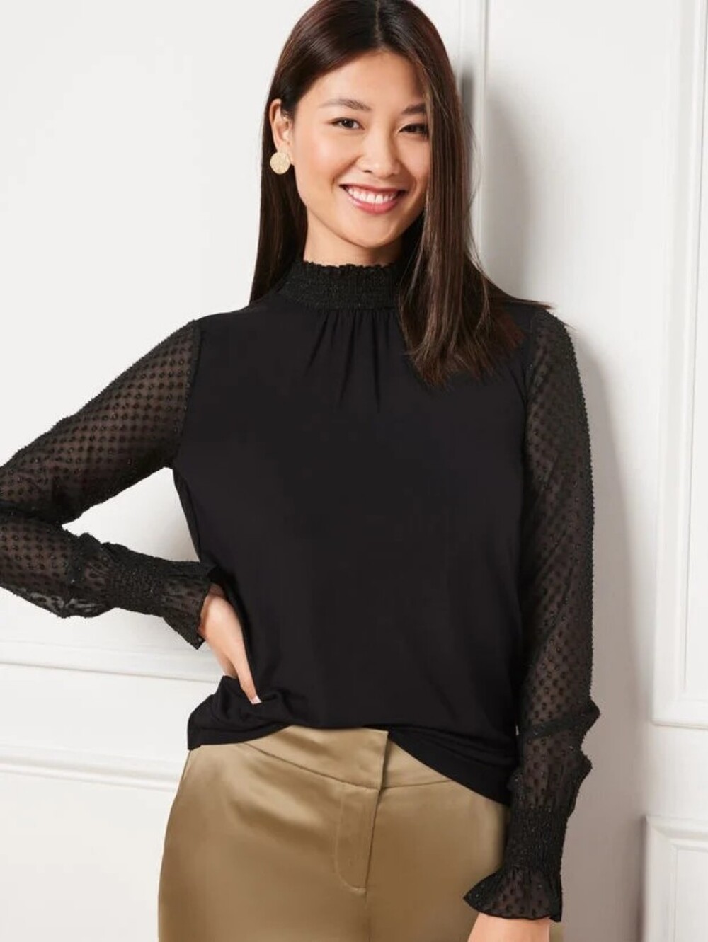 Talbots Women's Blouse Size S Black Long Sleeve Woven Sleeve Smocked Top EUC